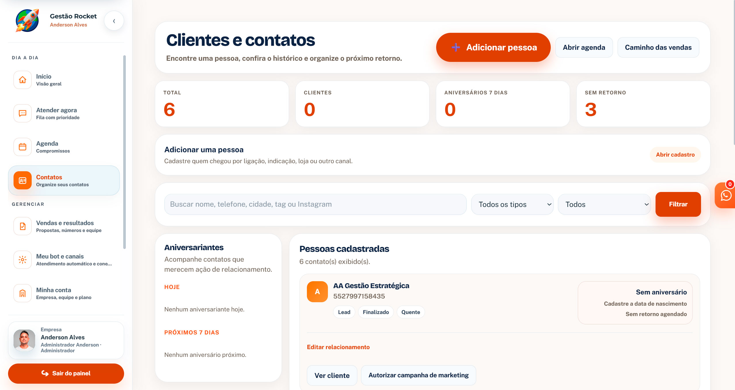 Ficha de contatos e clientes organizada na Gestão Rocket